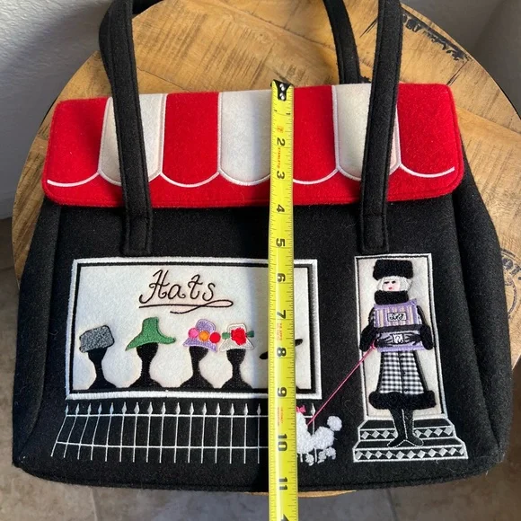 Vintage Felted Wool Embroidered Bag Hat Shop and Poodle Design Black Red White